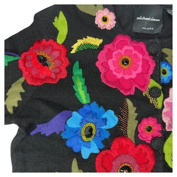 MICHAEL SIMON Embroidered‎ Floral Sweater Cardigan Size Medium